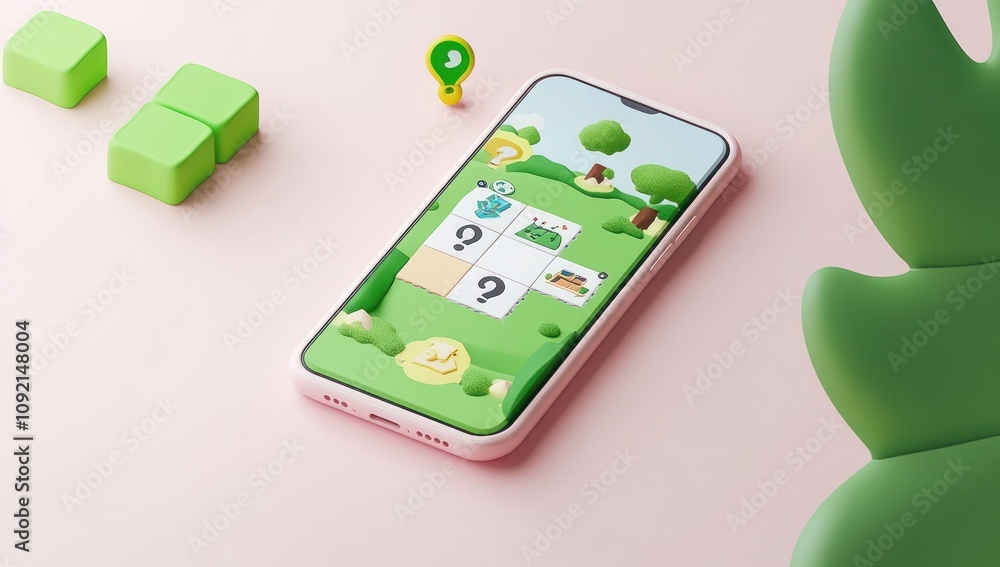 Poster A smartphone displaying a colorful, playful game on a soft pink background with green blocks.