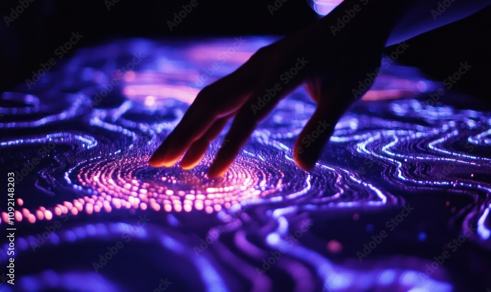 Aufkleber a hand interacts with a glowing, textured surface, creating vibrant light patterns.