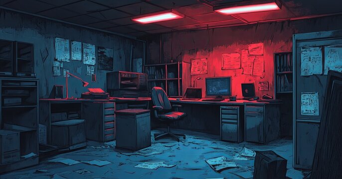 Dark, cluttered office at night, illuminated by red lights. Papers, desk, computer, shelves, and filing cabinets are visible.