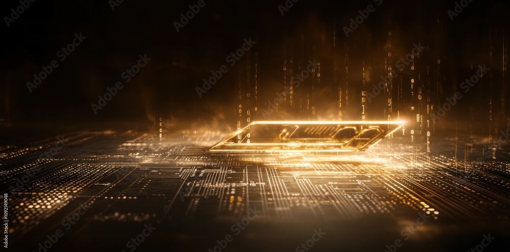 Poster a glowing golden circuit board with digital elements, symbolizing advanced technology.