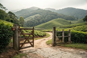 Fototapeta premium A rustic wooden gate leading to a secluded tea plantation surrounded by green hills, rustic gate, green hills