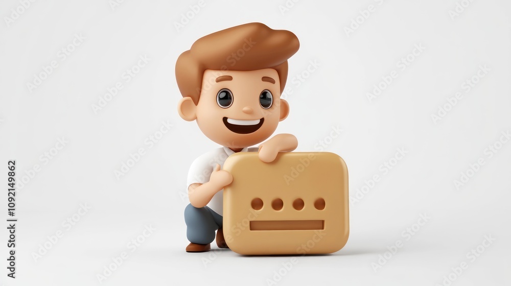 Poster a cheerful cartoon character holding a square icon with dots, representing technology or communicati