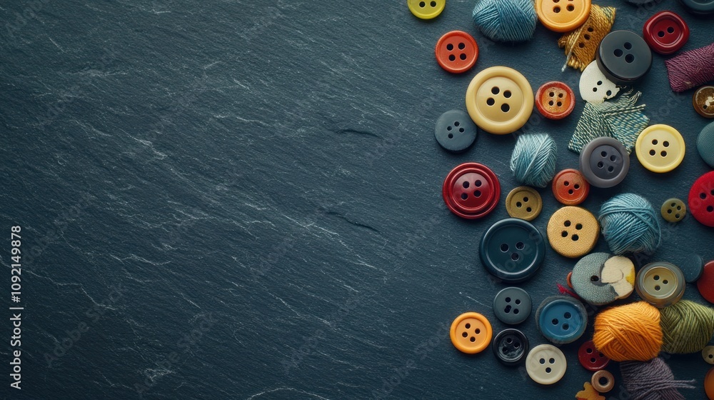 Aufkleber a collection of colorful buttons and threads on a slate background, ideal for crafting.