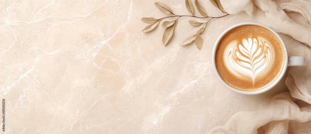 Poster a cozy scene featuring a latte with art on a marble surface, surrounded by soft fabric and foliage.