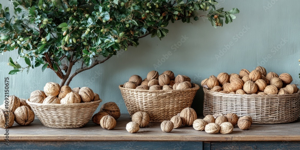Poster a rustic display of various nuts in woven baskets on a wooden table with a decorative tree.