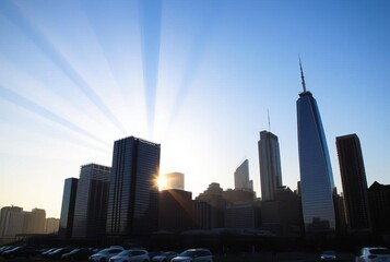 Obraz premium City Skyline SunriseSunbeams illuminate skyscrapers casting long