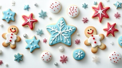 Fototapeta premium freshly baked homemade Christmas cookies, including gingerbread men and stars, decorated with icing and holiday colors.