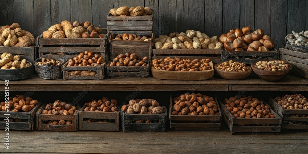 Poster a rustic display of various nuts and bread in wooden crates and bowls.