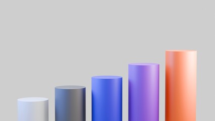 A minimalist product display with five cylindrical podiums of varying heights and colors. For product presentation. 3D rendering.