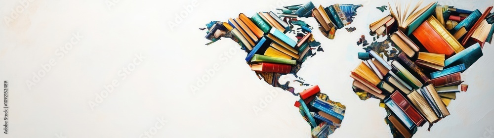 Poster a colorful map of the world formed by stacked books, symbolizing global knowledge and education.