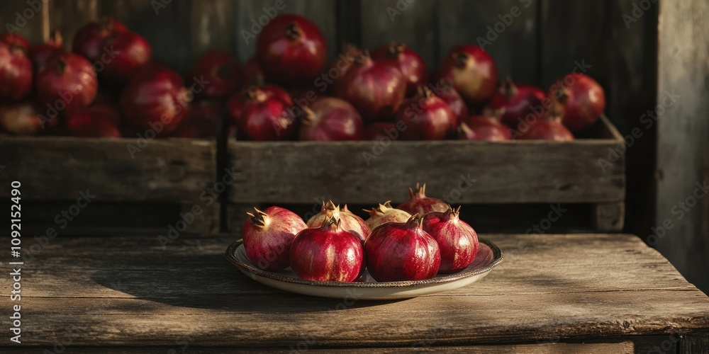 Poster A rustic display of pomegranates on a wooden table with crates in the background.