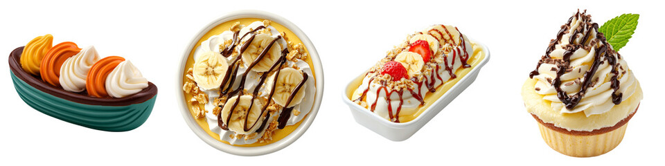 banana clipart concept. A variety of delicious desserts including ice cream sundaes, a cupcake, and fruit toppings. white background 