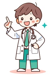 Cute male doctor character pointing at icons, cartoon style with thick line strokes, simple colors, flat illustration on a white background, perfect for character assets.

