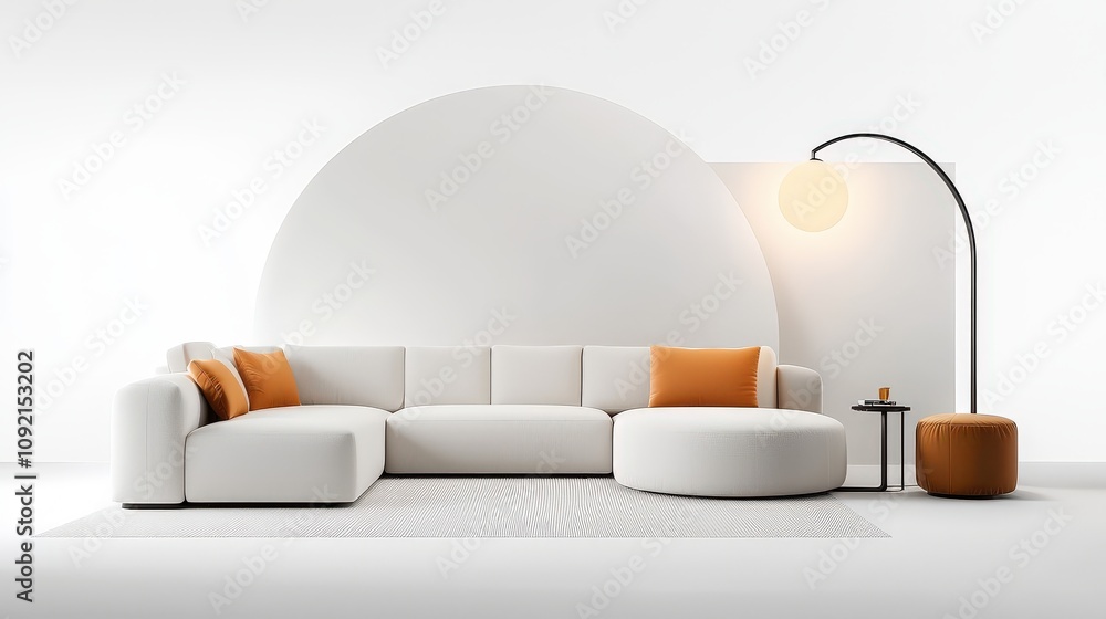 Poster modern modular sofa in a neutral tone, with customizable sections placed in various formations, perf