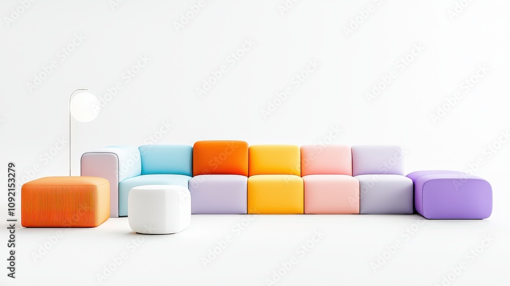Poster modular block sofa in vibrant colors, demonstrating customizable configurations for unique and endle