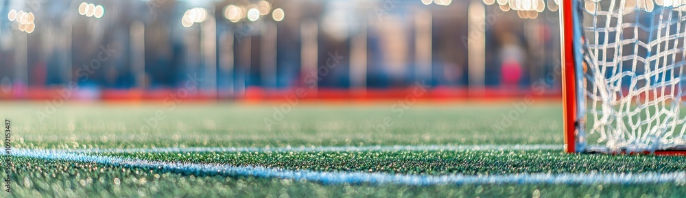 Aufkleber a close-up view of a soccer goal on a field with blurred background lights.