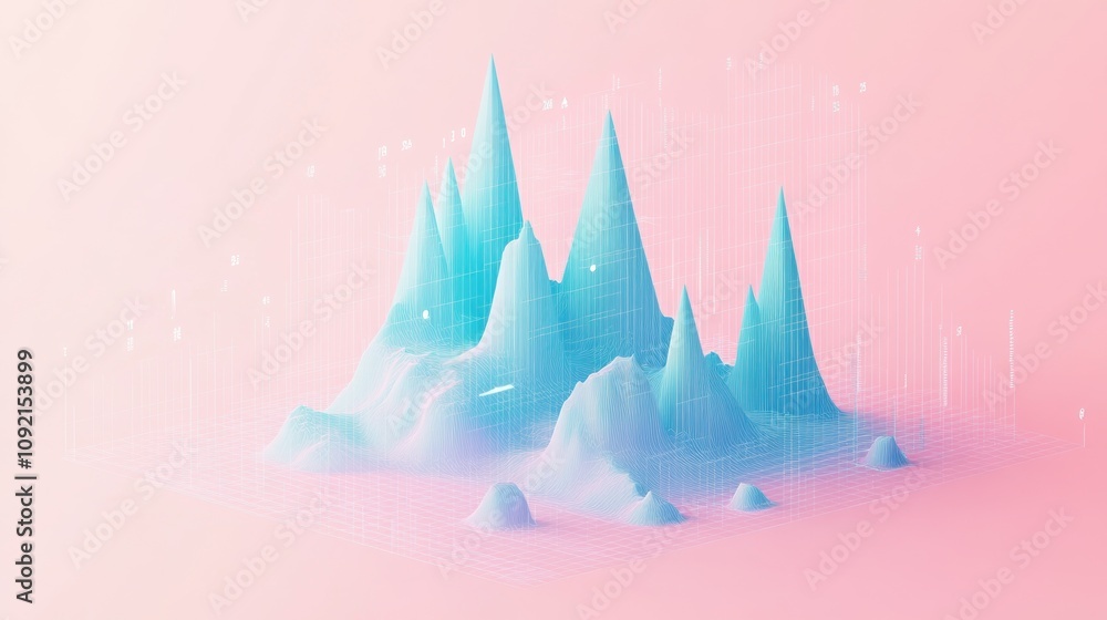 Poster Abstract 3D landscape with peaks and valleys on a soft pink background.