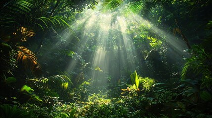 Obraz premium Exploring the enchantment of sunlight filtering through a sundrenched jungle nature photography lush environment serene viewpoint
