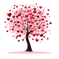 Fototapeta premium A tree with heart-shaped leaves on a white background with a pink and red color palette. 