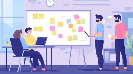 A diverse startup team gathered around a table, brainstorming ideas with laptops, sticky notes, and digital tablets in a modern, collaborative workspace.