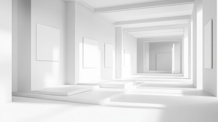 Exploring Minimalist White Architecture: Geometric Forms, Clean Lines, and Modern Design Aesthetics in a Sunlit Gallery