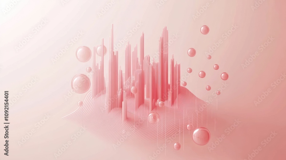 Poster abstract design featuring pink structures and bubbles on a soft background.