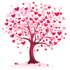 Fototapeta premium A tree with heart-shaped leaves on a white background with a pink and red color palette. 