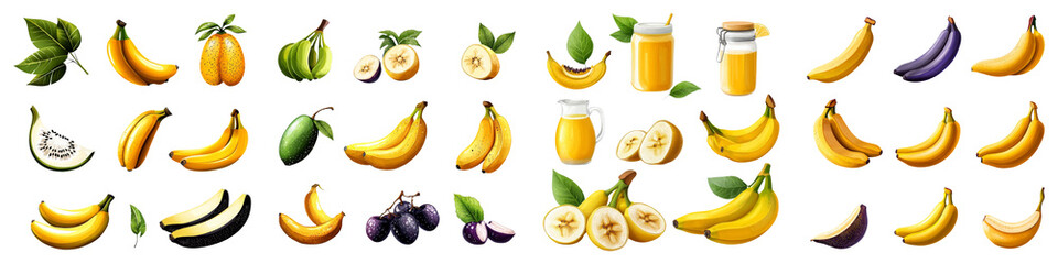 Obraz premium banana clipart concept. A vibrant collection of bananas in various forms, including fresh, sliced, and in beverages, showcasing their diversity and appeal. white background 