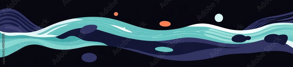 Poster Abstract wave design with flowing lines and colorful dots.