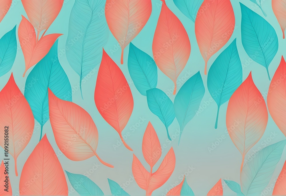Sticker gradient colored leaves fading from turquoise to coral on a soft gradient background, ai generated