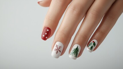 Close-up of beautifully manicured hands with christmas nail designs clean white background