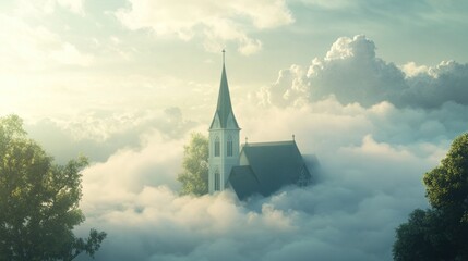 Fototapeta premium A white church with a tall steeple sits atop a cloud with green trees on either side, surrounded by other clouds. The sky is a mix of white clouds and blue. The sun is shining through the clouds.