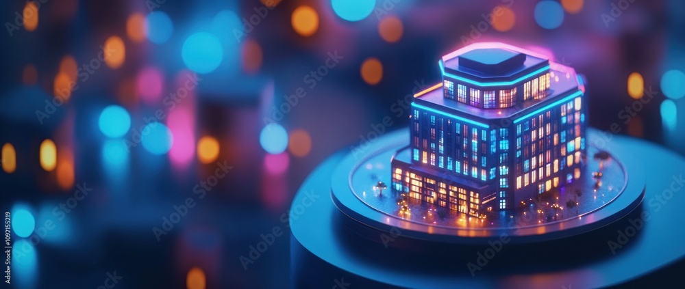 Poster a vibrant, illuminated miniature building model with a futuristic design and colorful lights.