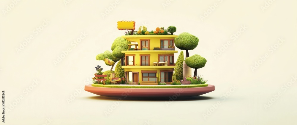 Poster a whimsical, colorful 3d house surrounded by trees and plants on a floating platform.
