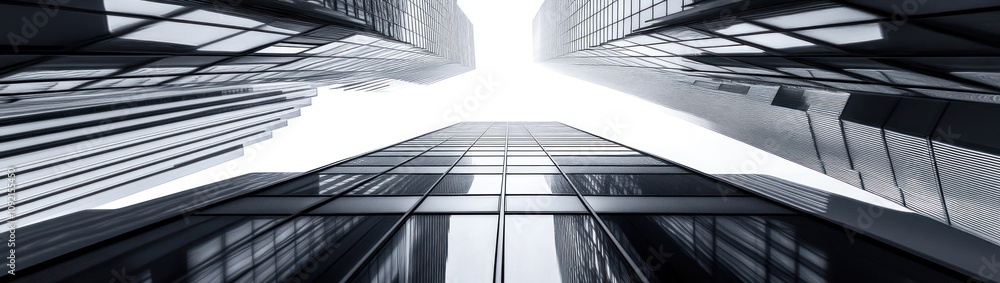 Poster a low-angle view of skyscrapers reaching towards the sky, creating a dramatic urban perspective.