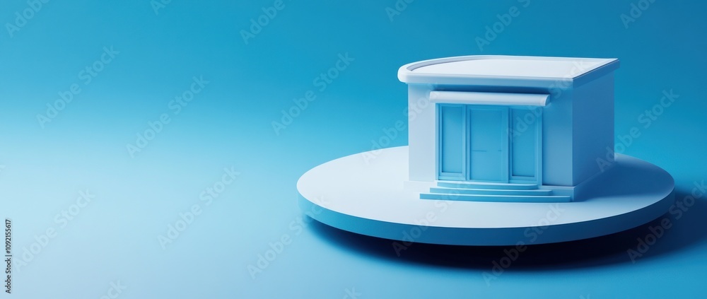 Aufkleber a minimalist blue model of a building on a circular platform against a blue background.