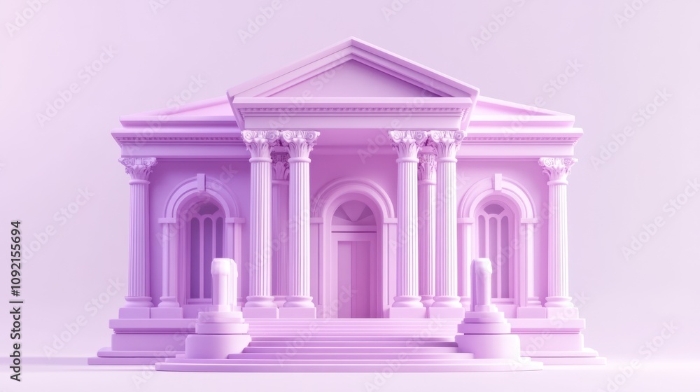 Poster a stylized architectural structure with columns and steps in a soft pink hue.