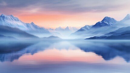 A tranquil scene of a lake reflecting the pink and blue hues of a misty sunrise over snow-capped mountains.
