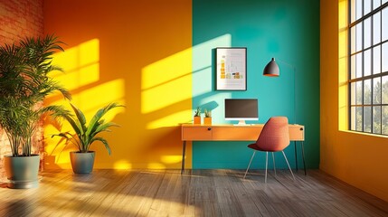 Colored office room interior with coworking space and window. Mockup frame 