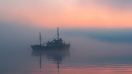 Obraz premium A deep-sea fishing boat is anchored in calm waters, surrounded by a thick fog at dawn, creating a serene and mystical atmosphere.