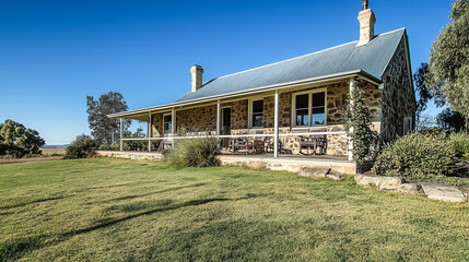 Obraz premium Charming stone house with metal roof in serene countryside under clear blue sky