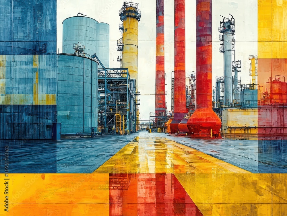 Poster dynamic factory scene industrial zone colorful image urban environment wide angle view emphasizing v