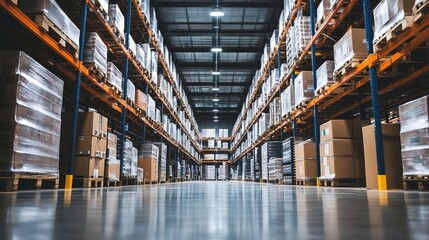 Obraz premium Modern industrial warehouse with polished flooring and bright lighting in a spacious facility 