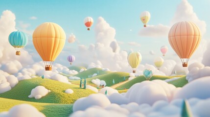 Obraz premium A whimsical landscape of rolling green hills, fluffy white clouds, and a multitude of colorful hot air balloons floating through the sky.