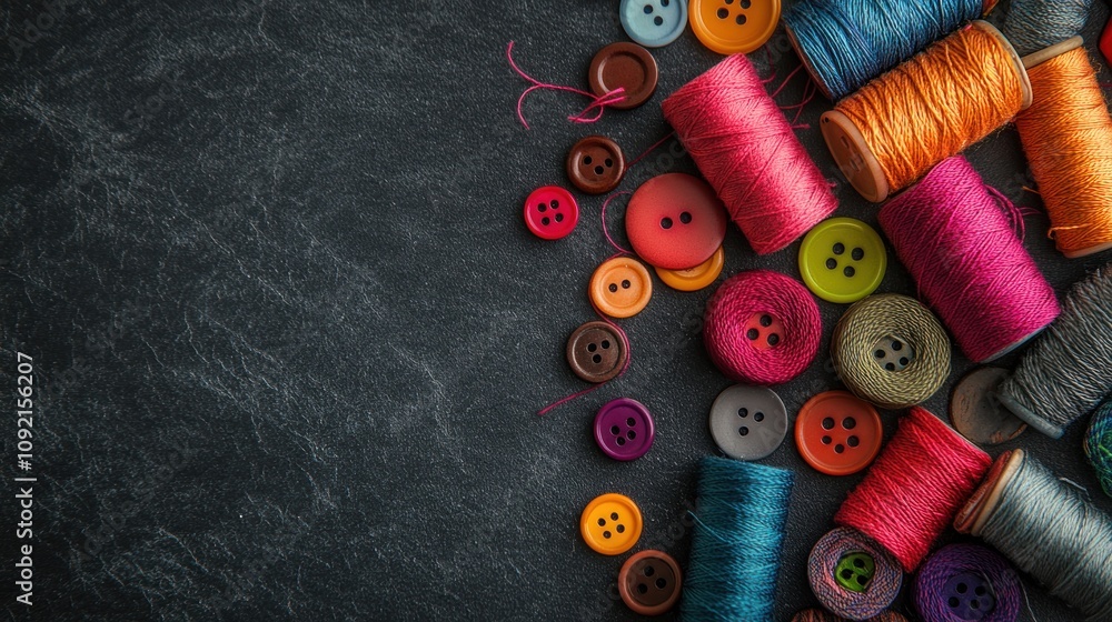 Aufkleber a colorful assortment of threads and buttons arranged on a dark surface for crafting.