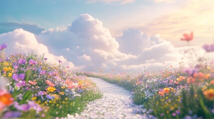 Obraz premium A winding path leads through a field of colorful wildflowers under a bright, blue sky with fluffy clouds.