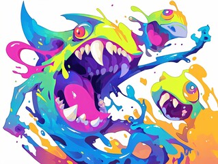 Fototapeta premium Vibrant, cartoon monsters with sharp teeth, splashing colorful paint.
