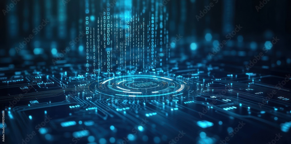 Poster Digital circuit board with glowing blue binary data streams representing technology and innovation.