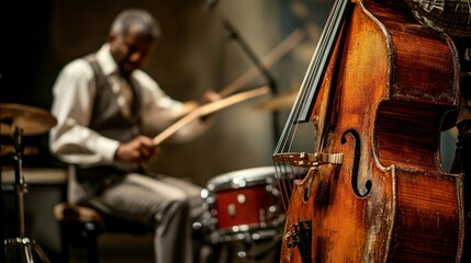 Fototapeta premium Close-up of a Double Bass with a Blurred Jazz Musician in the Background