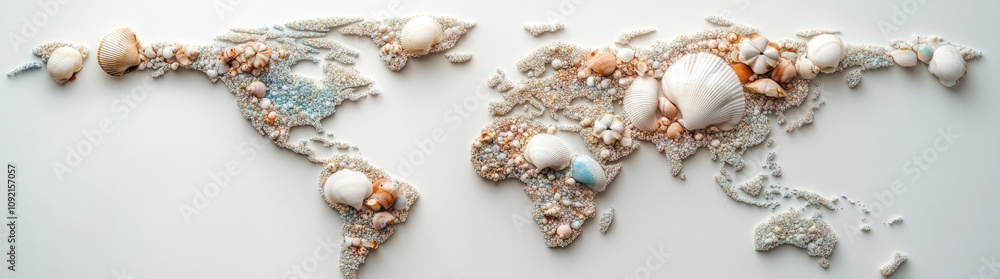 Poster a creative representation of the world map using shells and sand.